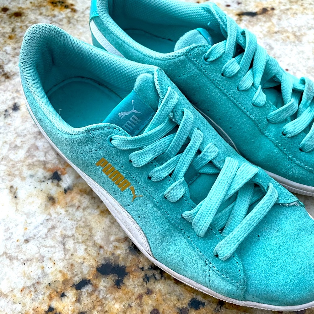 Puma teal and white sneakers